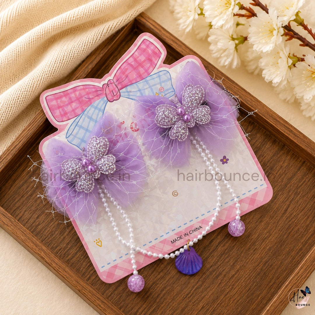 Butterfly Bow Kids Hair Clips with Pearl Hangings – Pack of 2