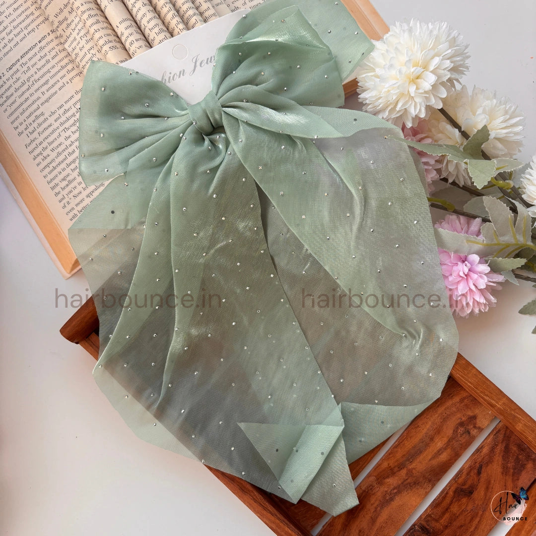 Elegant Rhinestone Sheer Bow Hair Clip – Oversized Statement Ribbon Bow