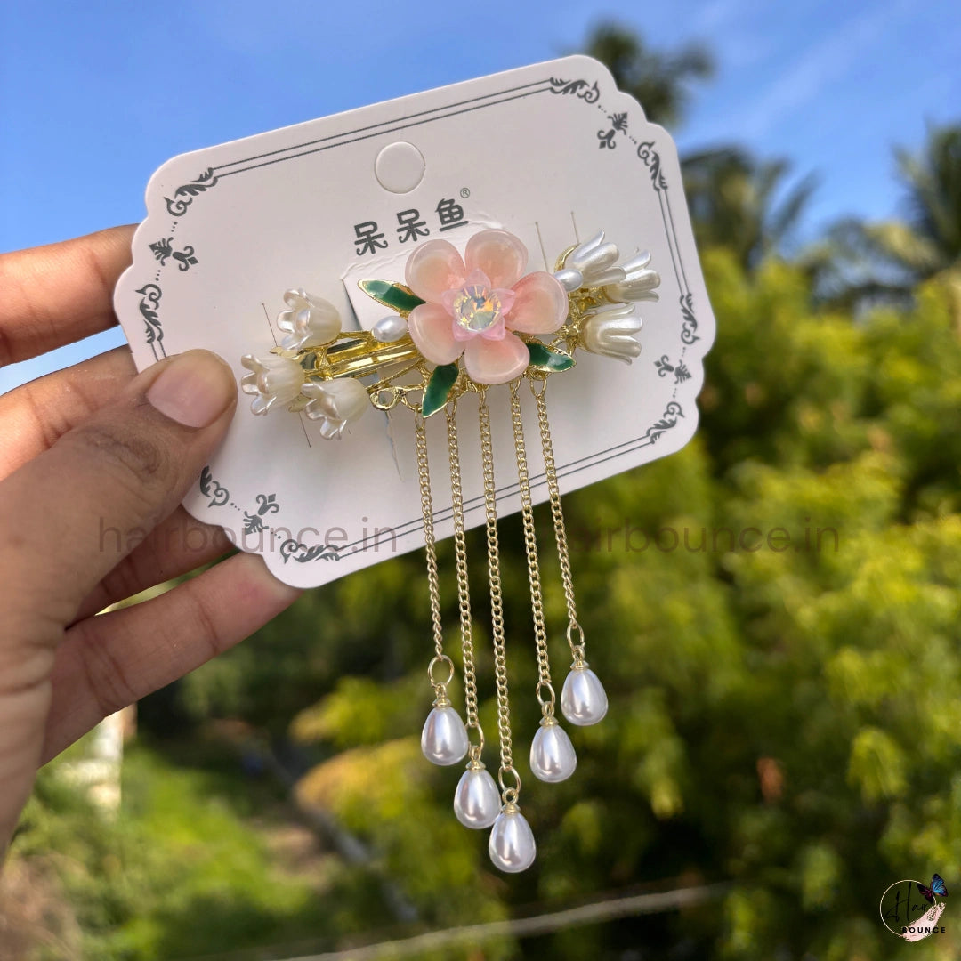 Crystal Lotus Blossom Pearl Tassel Hair Clip with Dangling Chains