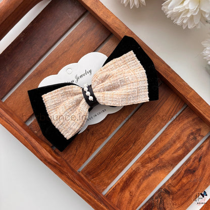 Tweed Pearl Bow Hair Clip