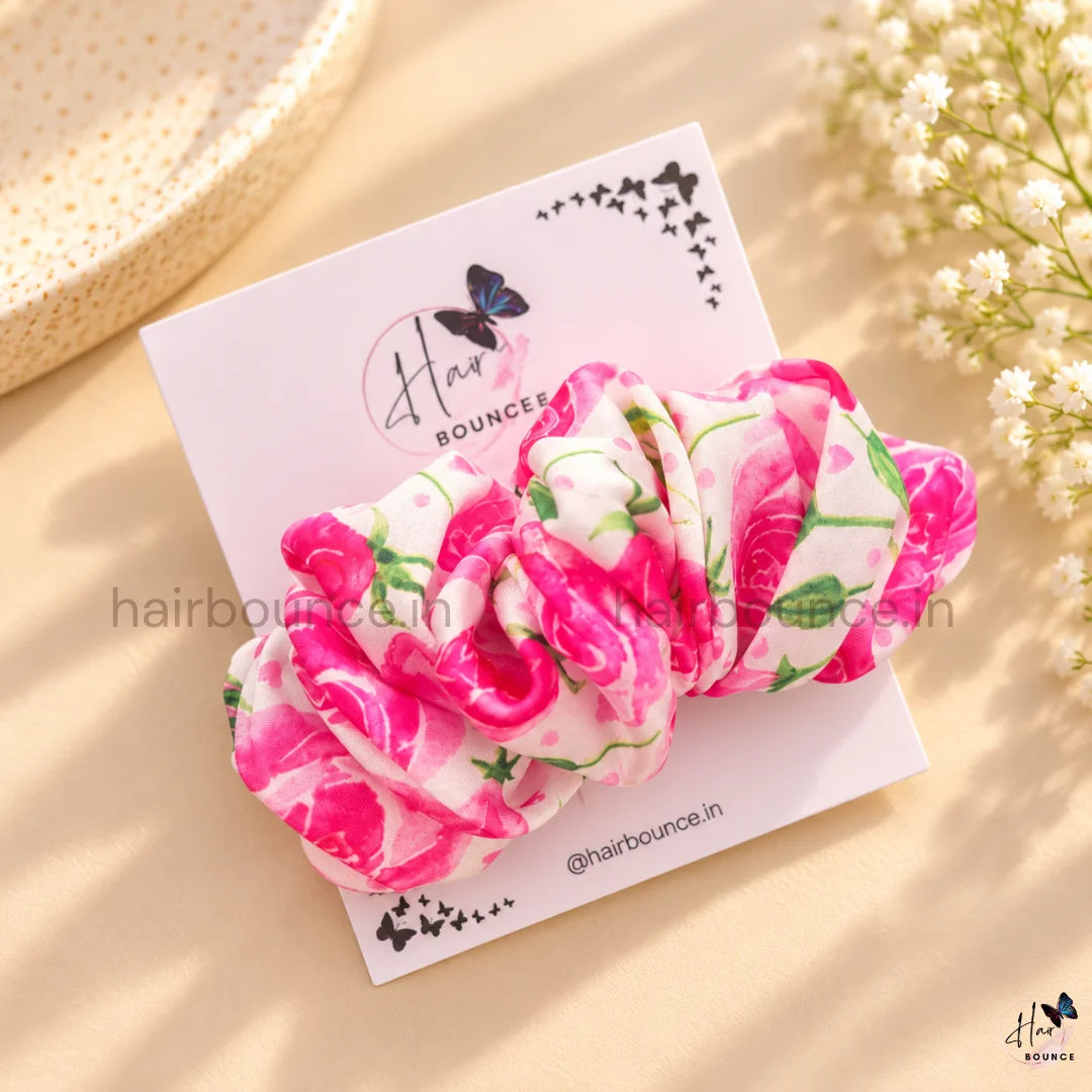 Rosy Bloom Floral Printed Satin Center Hair Clip – Pink