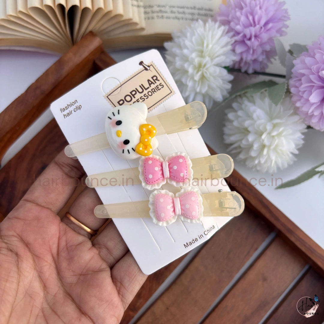 Kitty Bow Snap Hair Clips for Kids (Pack of 3) / Assorted Bow Colours