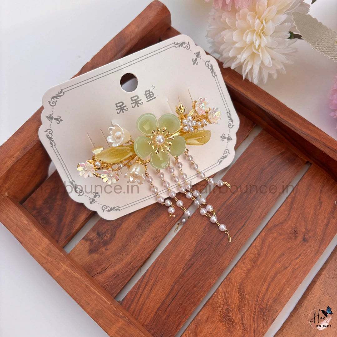 Blossom Pearl Drop Hair Barrette – Luxury Floral Hanging Clip