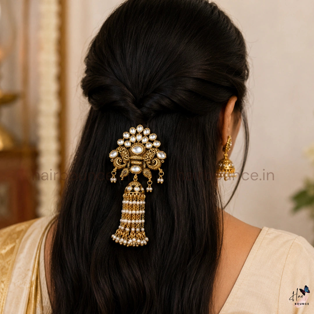 Royal Kundan Peacock Jada Billa with Pearl Tassel
