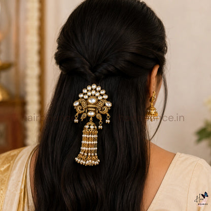 Royal Kundan Peacock Jada Billa with Pearl Tassel