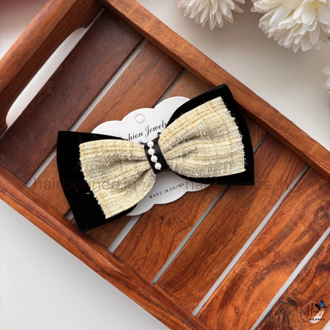 Tweed Pearl Bow Hair Clip