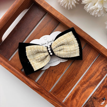 Tweed Pearl Bow Hair Clip