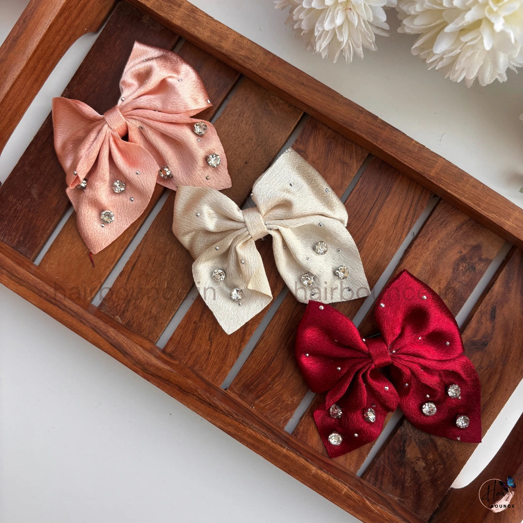 Crystal Embellished Satin Bow Hair Clip