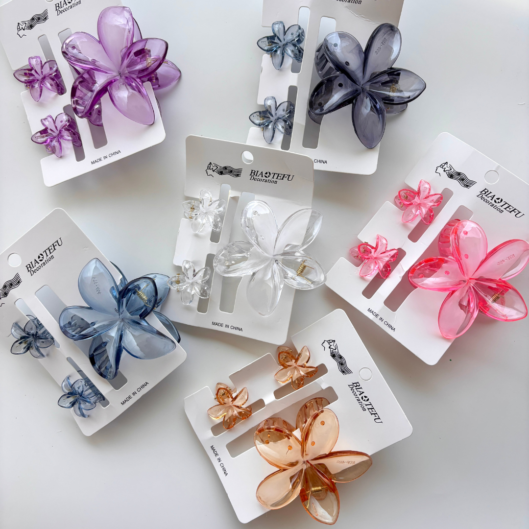 Glassy Flower Hair Claw – Set of 3 (1 Large + 2 Mini Claws)