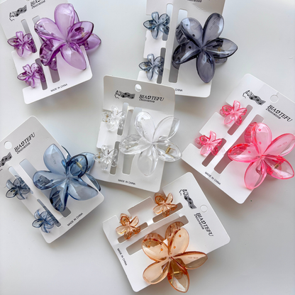 Glassy Flower Hair Claw – Set of 3 (1 Large + 2 Mini Claws)