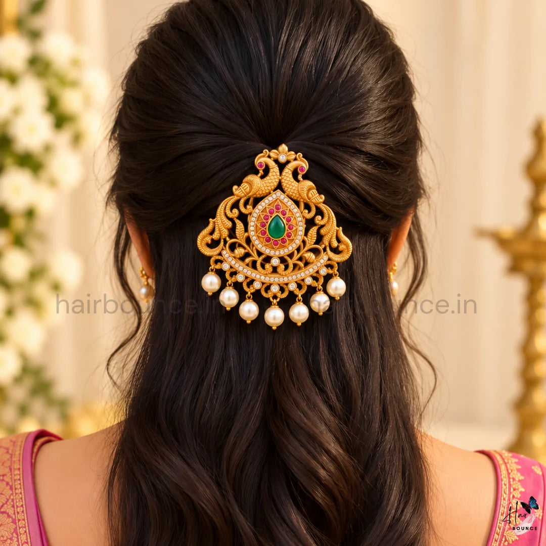 Royal Mayuri Peacock Kemp Jada Billa with Pearl Hangings – 2 Sizes