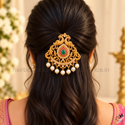 Royal Mayuri Peacock Kemp Jada Billa with Pearl Hangings – 2 Sizes