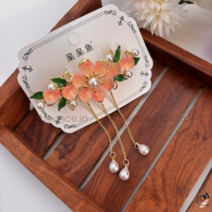 Royal Petal Pearl Drop Hair Barrette – Luxury Floral Chain Hanging Clip