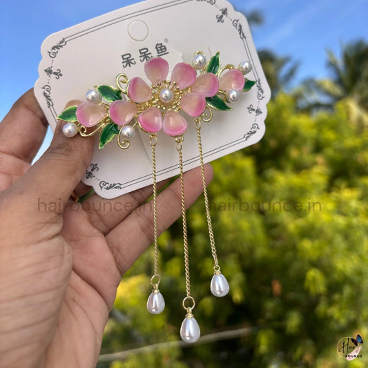 Pearl Petal Blossom Tassel Hair Clip with Dangling Chains