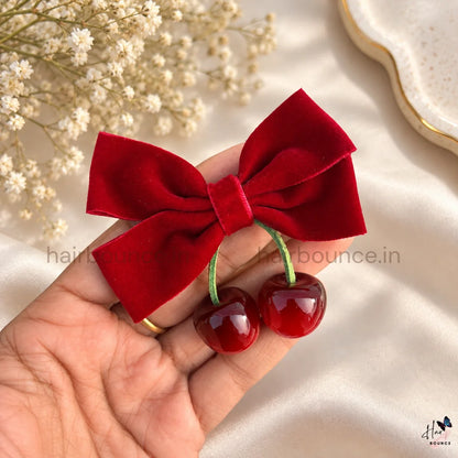 Velvet Cherry Bow Hair Clip – Red