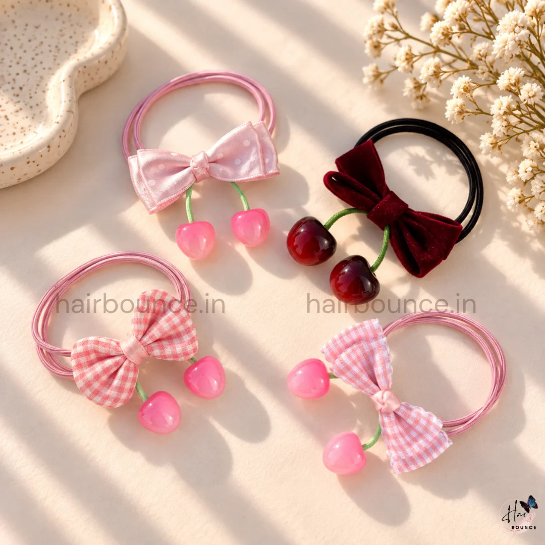 Cherry Bow Ponytail Hair Ties – Pack of 4