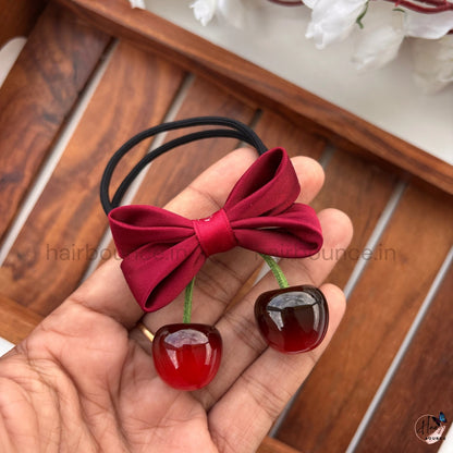 Satin Cherry Bow Ponytail Holder