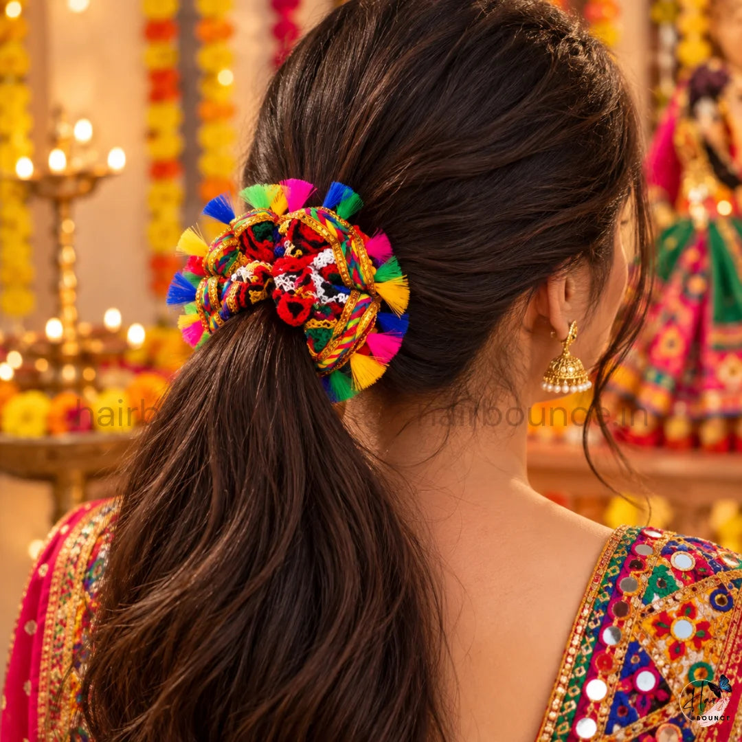 Navaratri Multicolour Embroidered Tassel Scrunchie