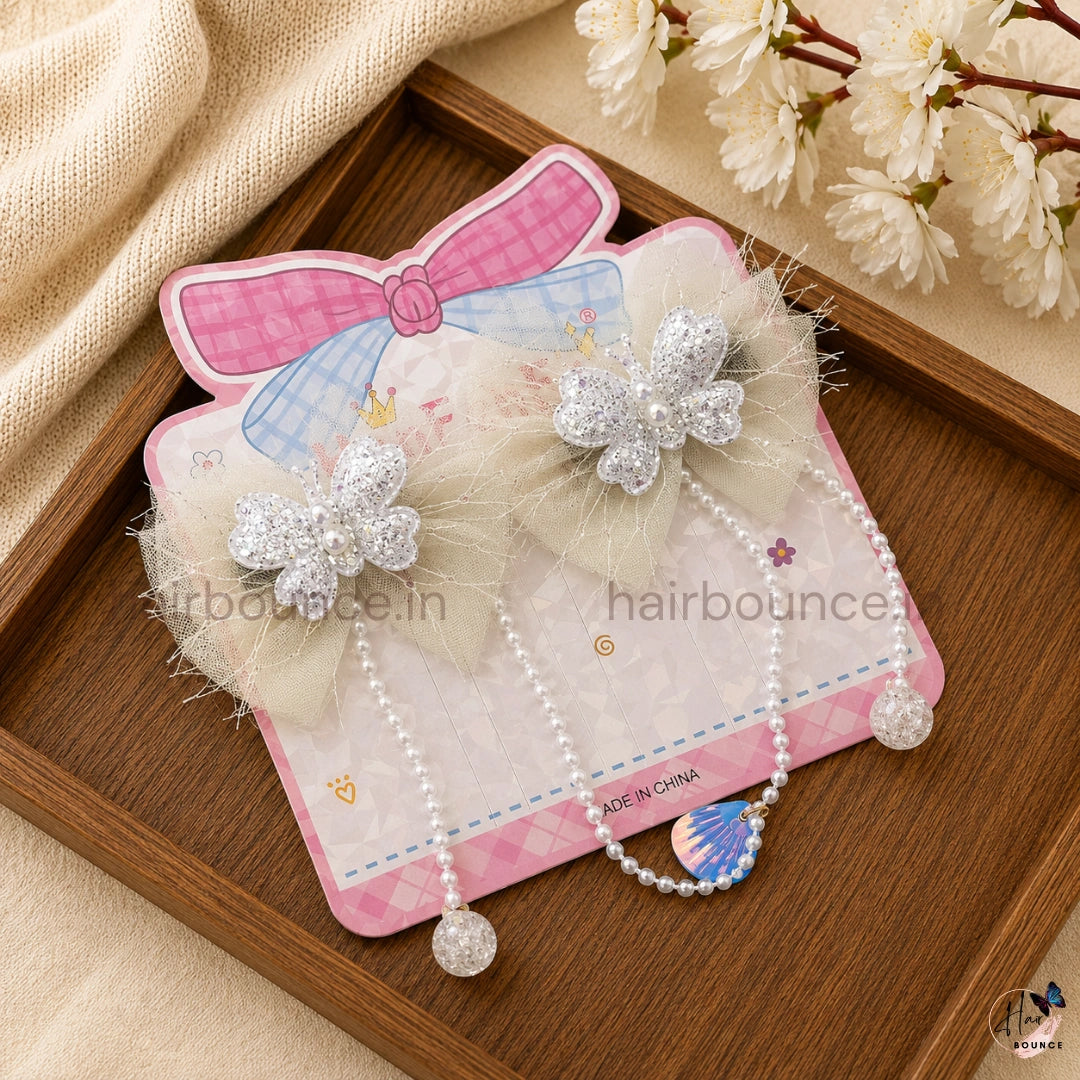 Butterfly Bow Kids Hair Clips with Pearl Hangings – Pack of 2