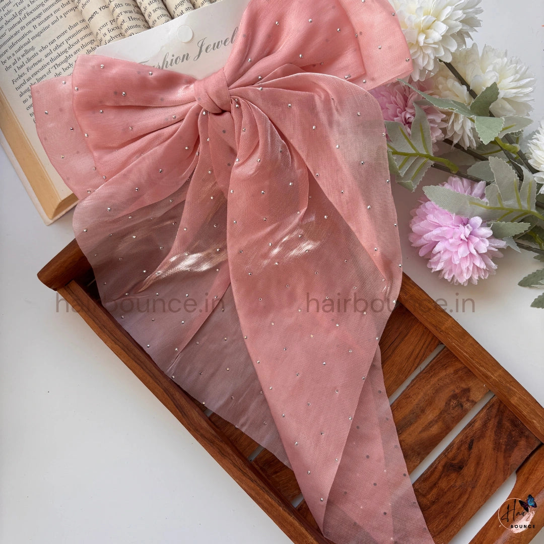 Elegant Rhinestone Sheer Bow Hair Clip – Oversized Statement Ribbon Bow