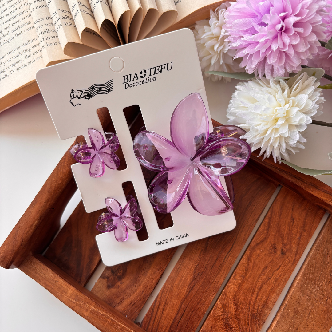 Glassy Flower Hair Claw – Set of 3 (1 Large + 2 Mini Claws)