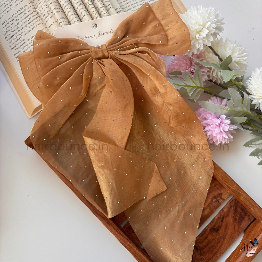 Elegant Rhinestone Sheer Bow Hair Clip – Oversized Statement Ribbon Bow
