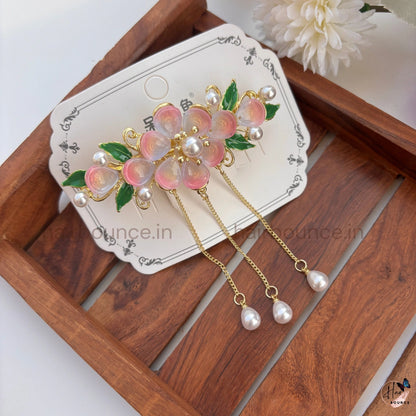 Royal Petal Pearl Drop Hair Barrette – Luxury Floral Chain Hanging Clip