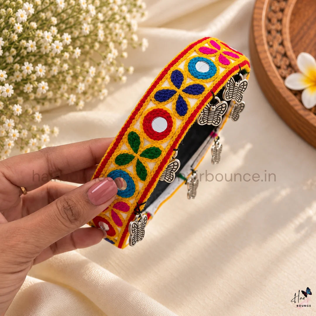 Navaratri Multicolour Embroidered Mirror Headband with Silver Charms