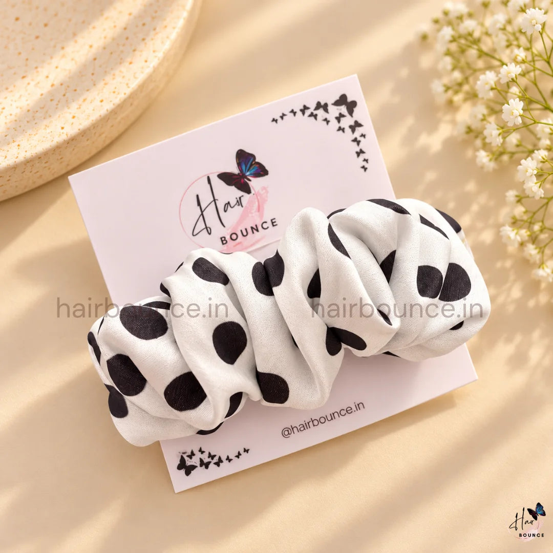 Classic Polka Dot Printed Satin Center Hair Clip – Black & White