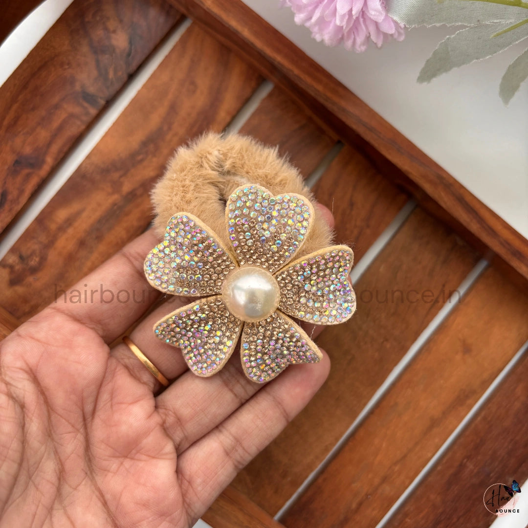 Luxe Pearl Blossom Faux Fur Scrunchie