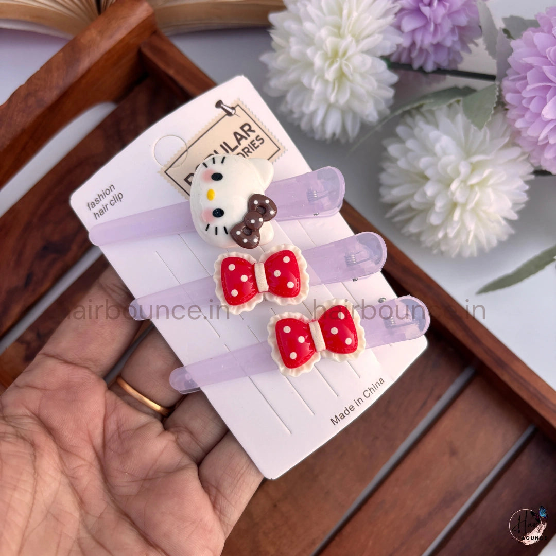Kitty Bow Snap Hair Clips for Kids (Pack of 3) / Assorted Bow Colours