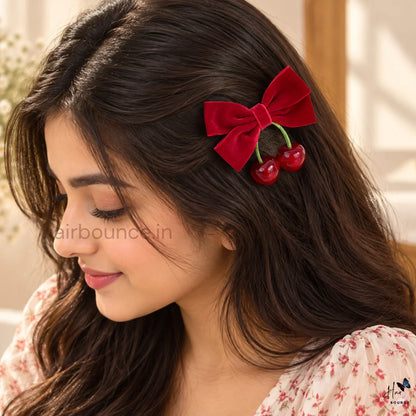 Velvet Cherry Bow Hair Clip – Red
