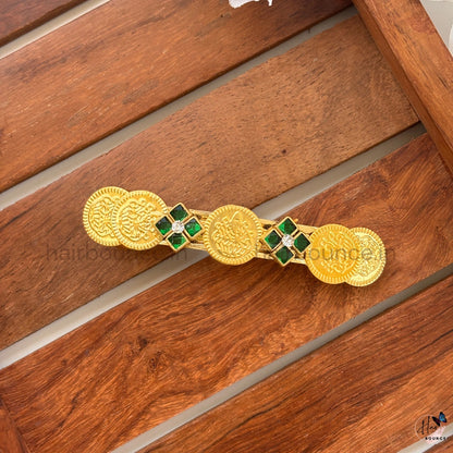 Traditional Lakshmi Coin Kemp Center Hair Clip – Green Stones
