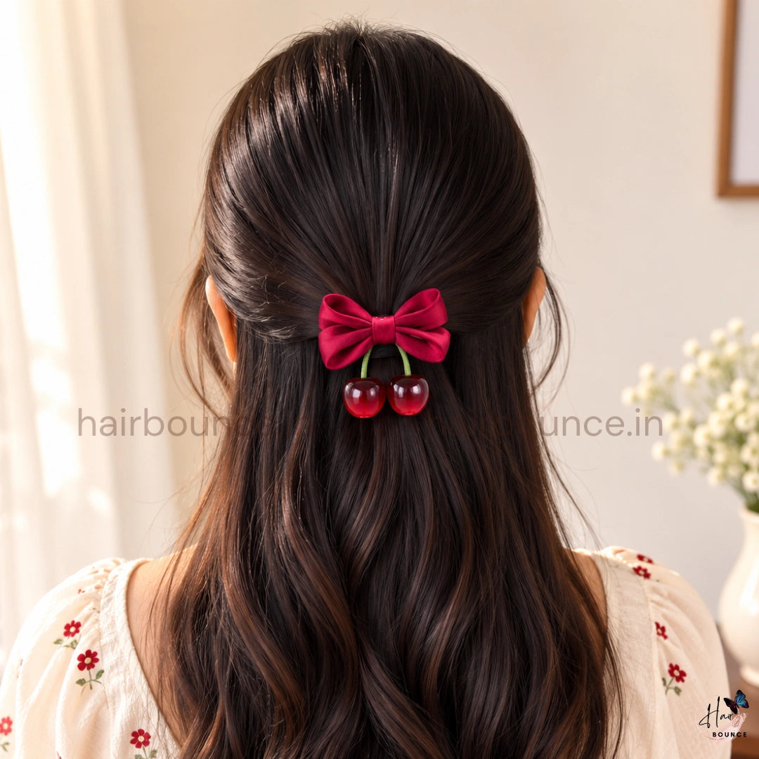 Satin Cherry Bow Ponytail Holder