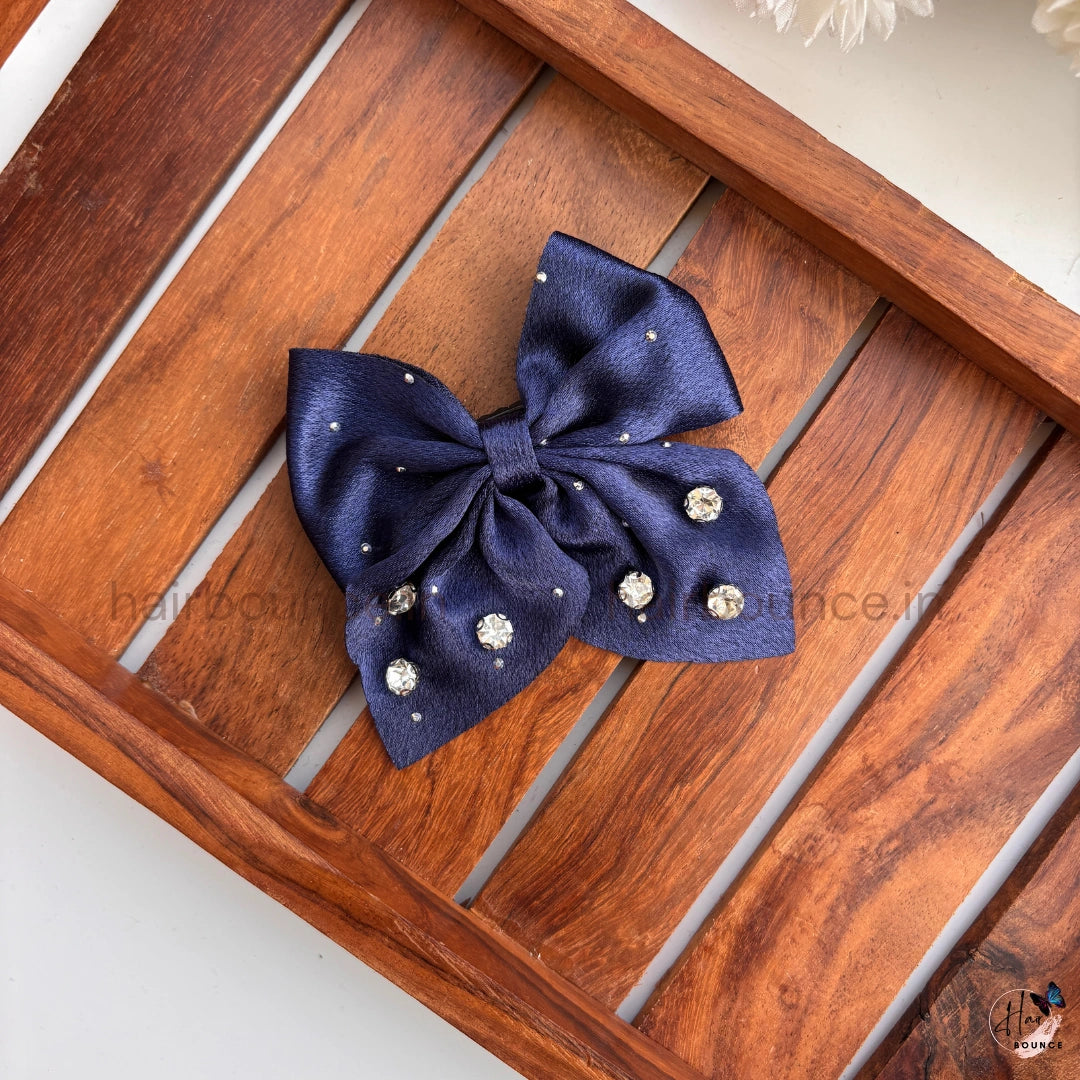Crystal Embellished Satin Bow Hair Clip