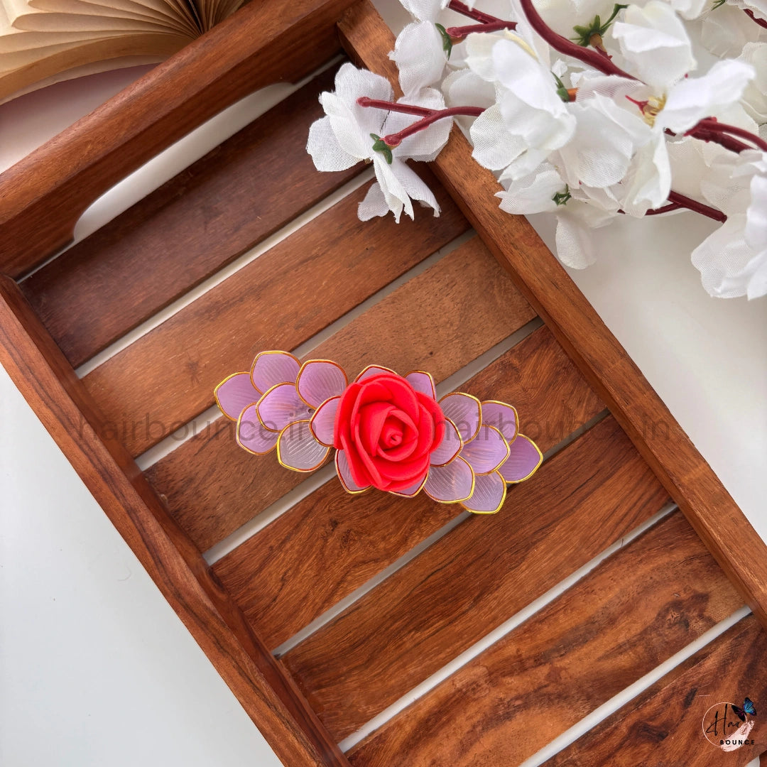 Red Rose Lavender Floral Center Hair Clip