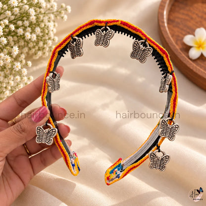 Navaratri Multicolour Embroidered Mirror Headband with Silver Charms