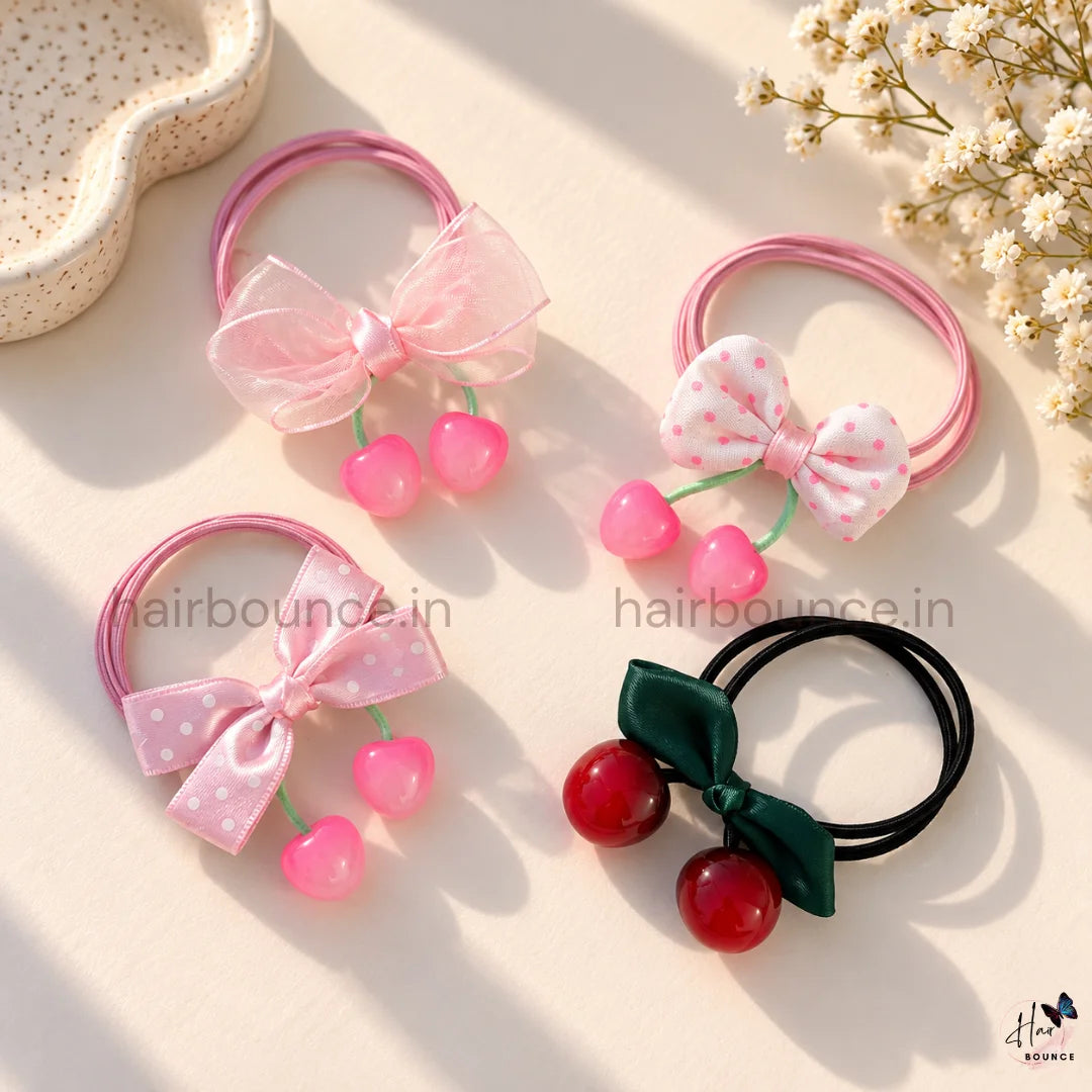 Pretty Cherry Bow Ponytail Hair Ties – Pack of 4