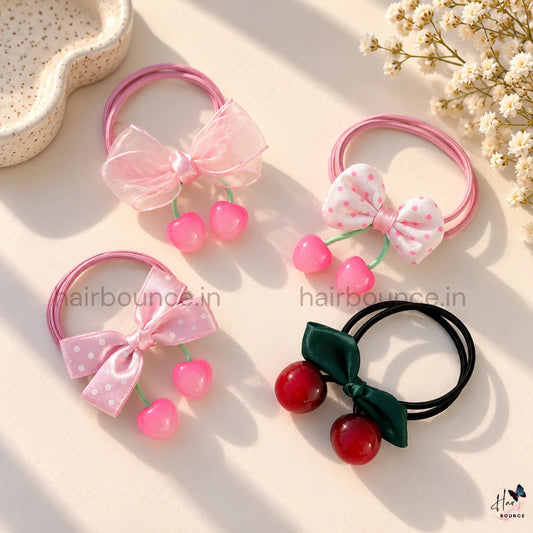 Pretty Cherry Bow Ponytail Hair Ties – Pack of 4