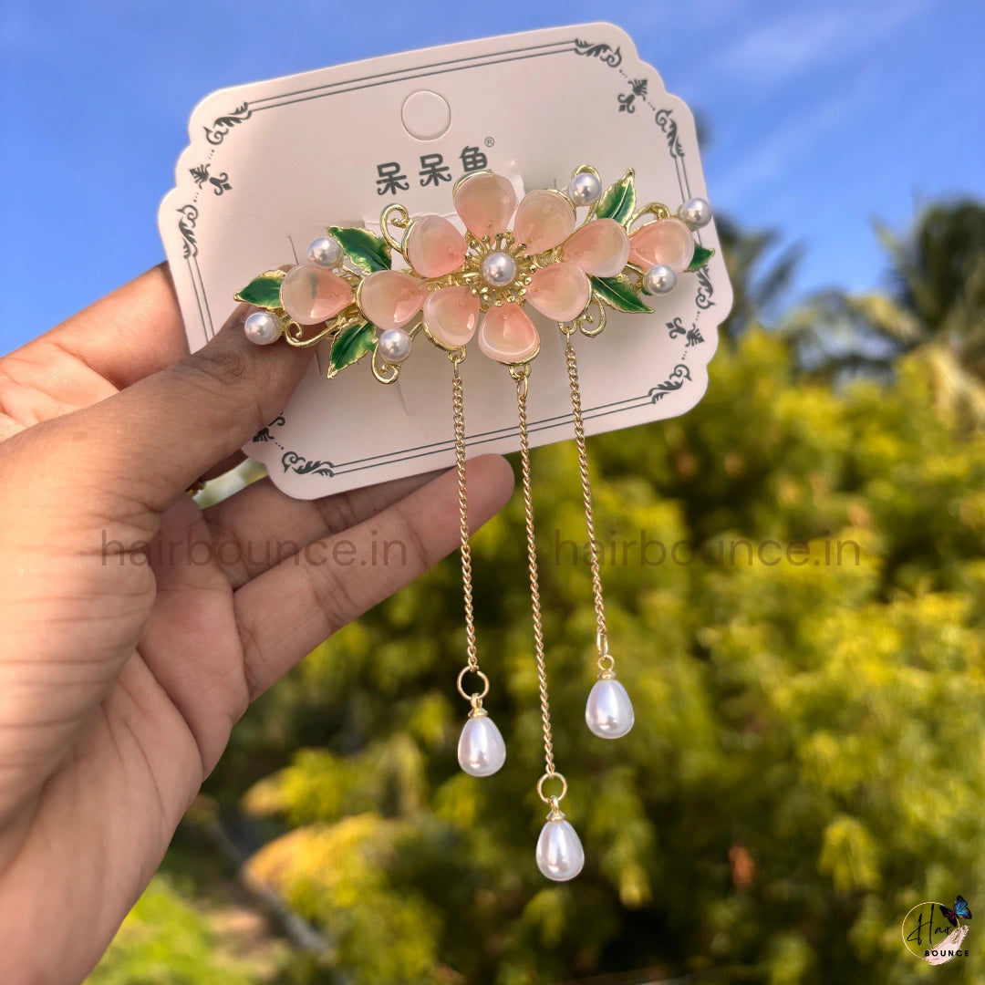 Pearl Petal Blossom Tassel Hair Clip with Dangling Chains