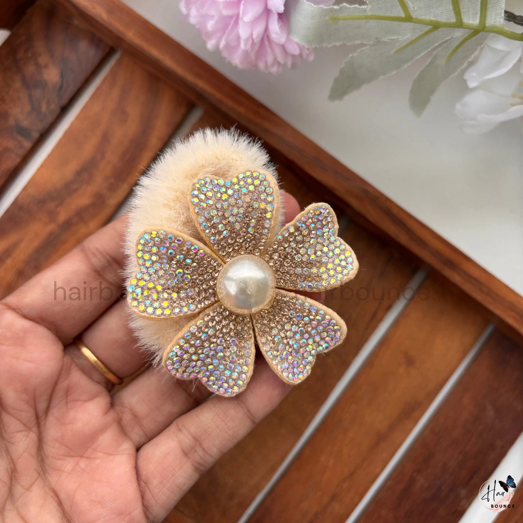 Luxe Pearl Blossom Faux Fur Scrunchie