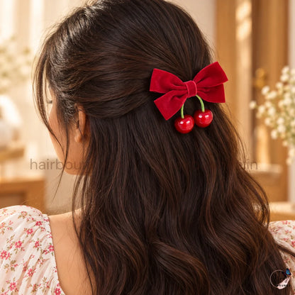Velvet Cherry Bow Hair Clip – Red