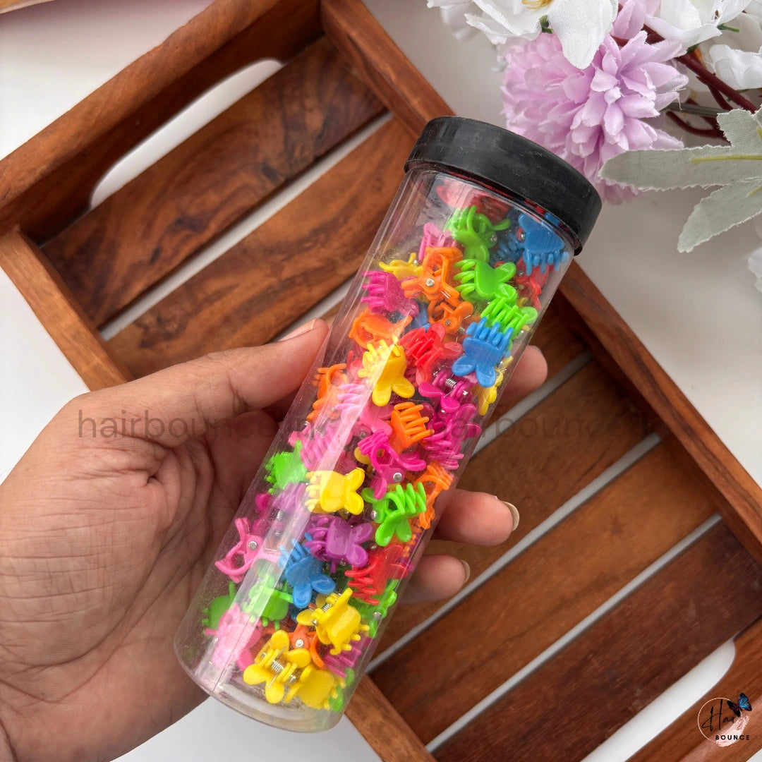 Mini Colorful Hair Claw Clip Set in Tube – Butterfly, Flower & Heart Mix - Pack of 95
