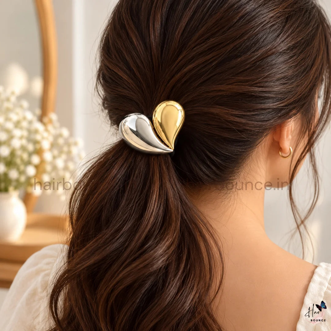 Elegant Dual Tone Heart Metal Ponytail Holder – Gold & Silver