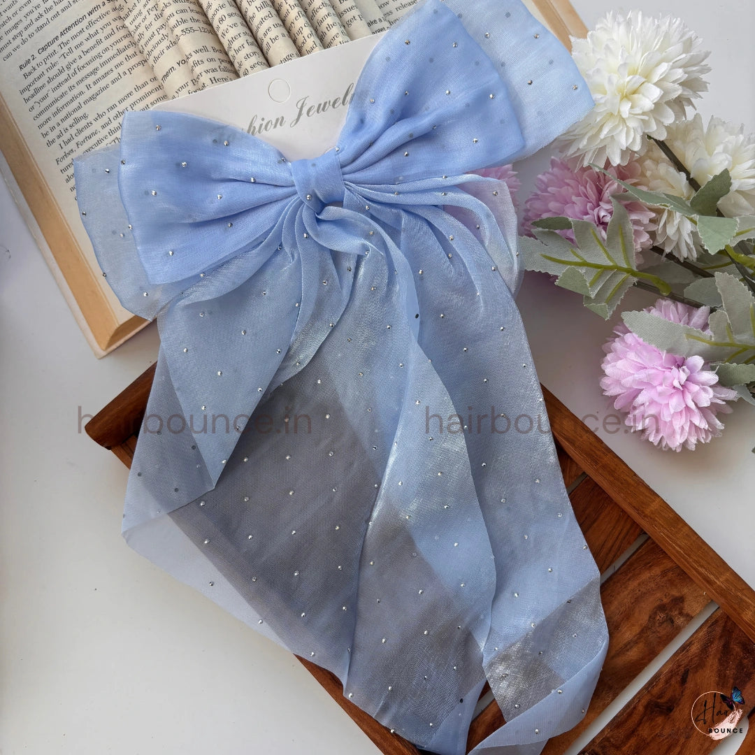 Elegant Rhinestone Sheer Bow Hair Clip – Oversized Statement Ribbon Bow