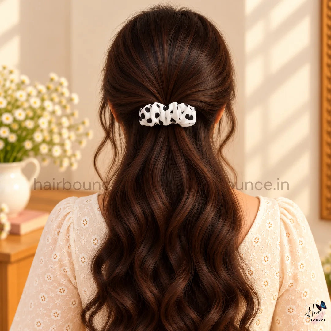 Classic Polka Dot Printed Satin Center Hair Clip – Black & White