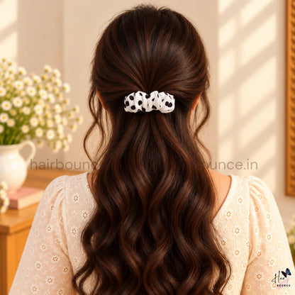 Classic Polka Dot Printed Satin Center Hair Clip – Black & White