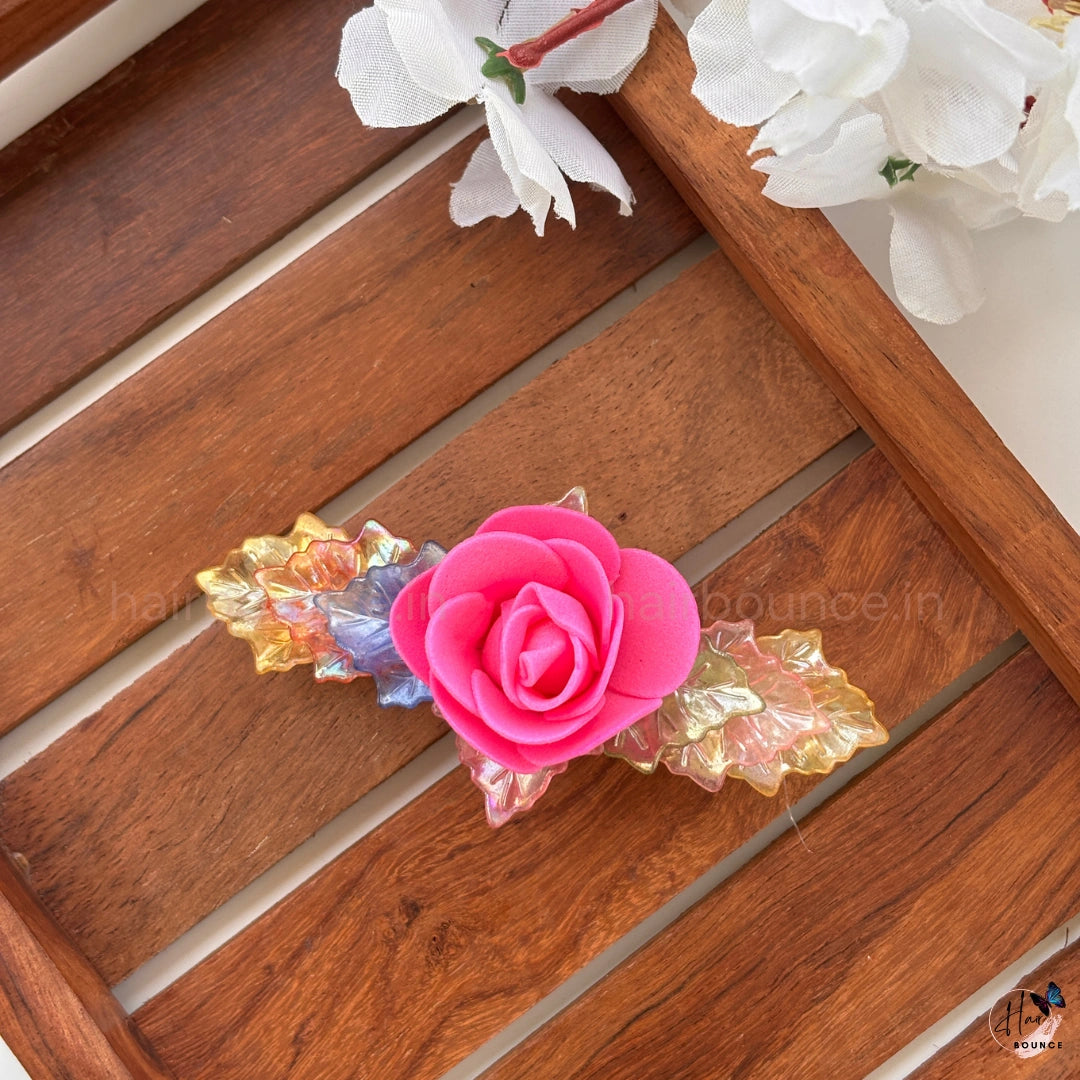 Hot Pink Rose Leaf Floral Center Hair Clip