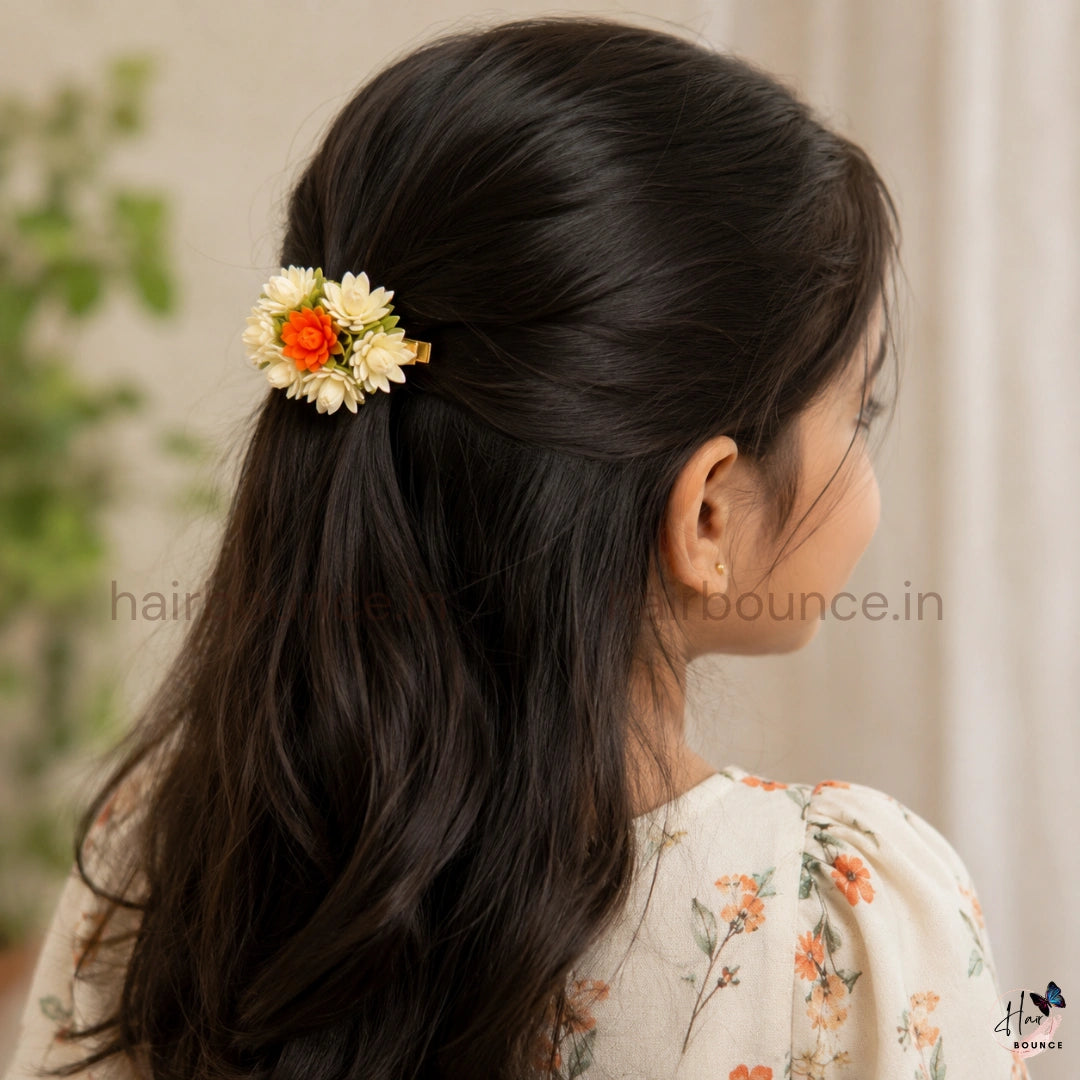 Orange Rose & Ivory Floral Alligator Hair Clip