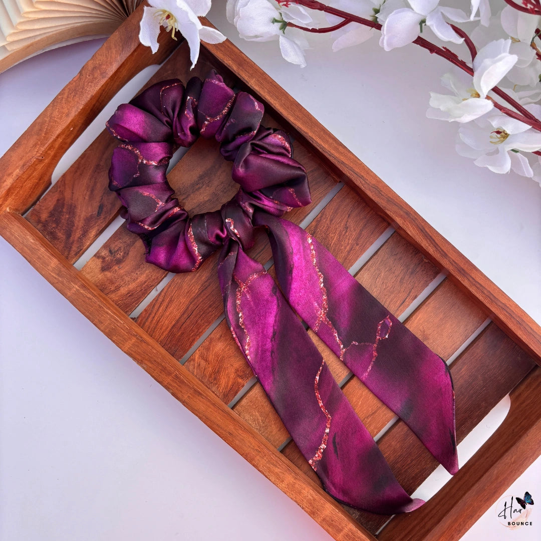 Marble Print Satin Tail Scrunchie – Burgundy